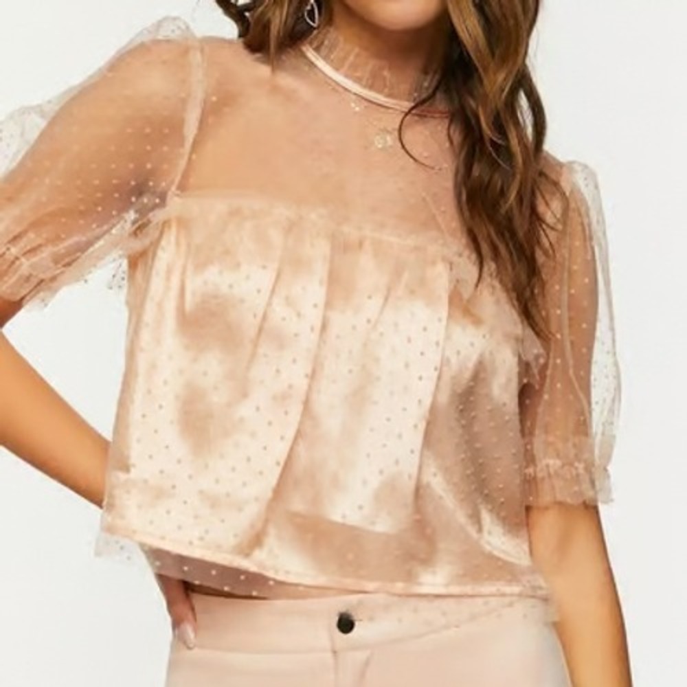 Forever 21 Peach Swiss Dot Puff Sleeve Blouse Sheer Satin Women S Coquette Fairy